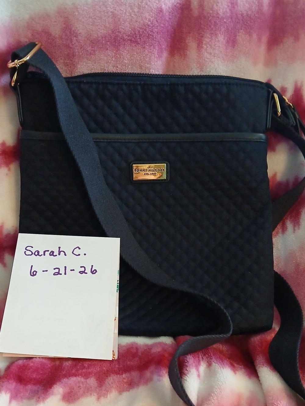 Tommy Hilfiger Black Quilted Crossbody with Gold Plaque